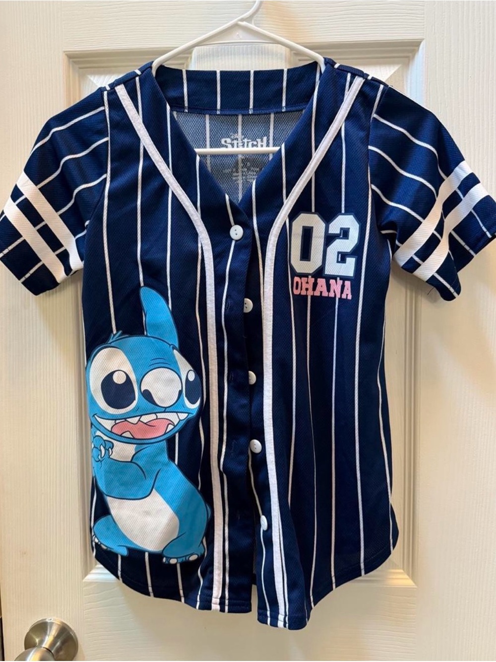 Sz 14 - Stitch 'Ohana' Navy Blue Pinstripe Baseball Tee for Kids